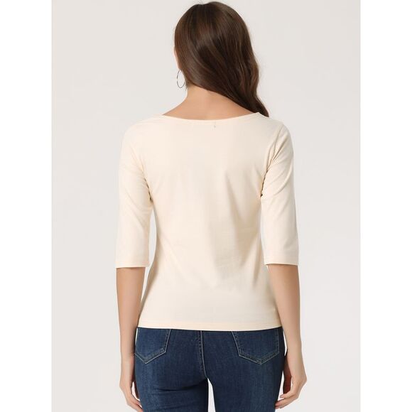 Elbow Sleeves Round Neck Slim Fit Tee Beige - Picture 4 of 5